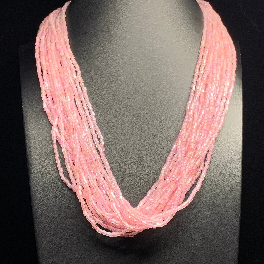 Vintage Pink Multi Strand Bead Iridescent Statement Necklace 17 Inch